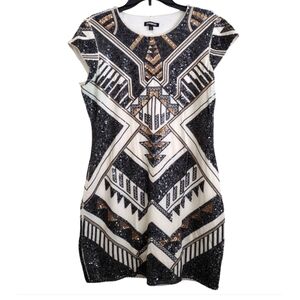 Express Sequin Art Deco Geometric Black Gold Ivory Dress Size Large